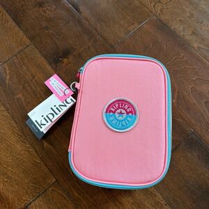 Kipling Pink Blue Recycled Fabric 100 Pen Case Pouch Organizer Case NEW